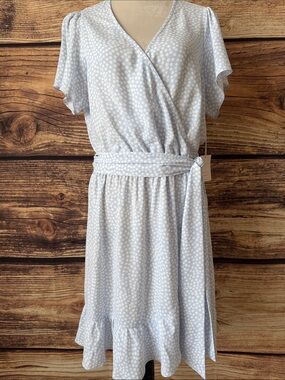 LC Lauren Conrad Light Blue Dot Wrap-Style Midi Dress